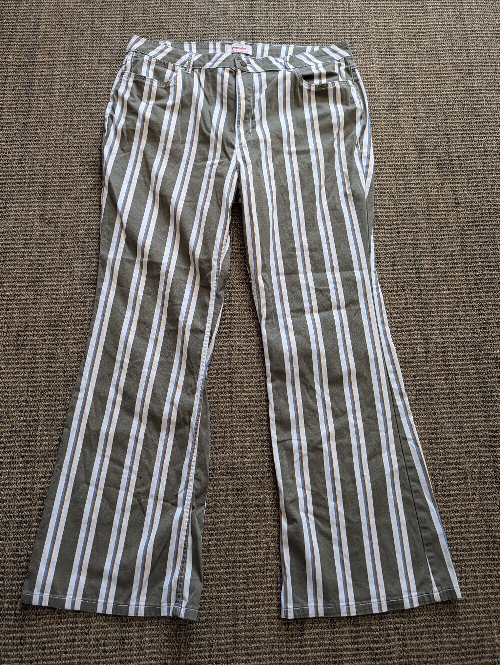 Wrangler Retro Moss Green Blue Mustard Stripe High Rise Flare Jeans Size 18 - Picture 3 of 12